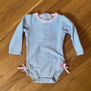 Ruffle Butts Blue and Pink Striped Kids Swim Rashguard